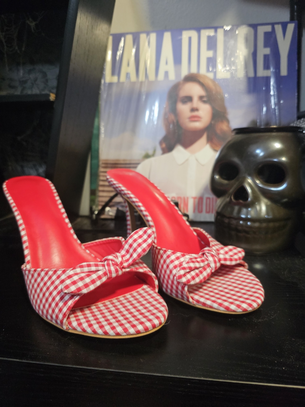 Red Gingham Knot Mule Heels - Women